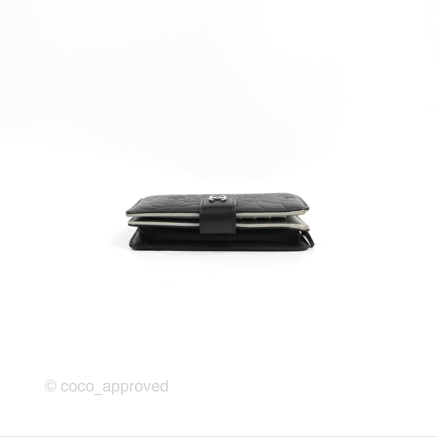 Chanel Wallet Black Camellia Embossed Lambskin Silver Hardware