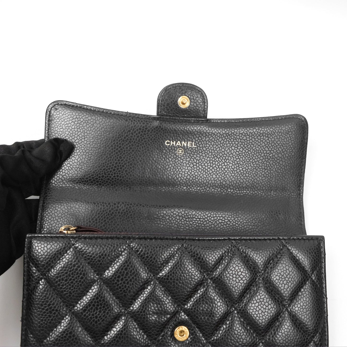 Chanel Classic Quilted Flap Long Wallet Black Caviar Gold Hardware