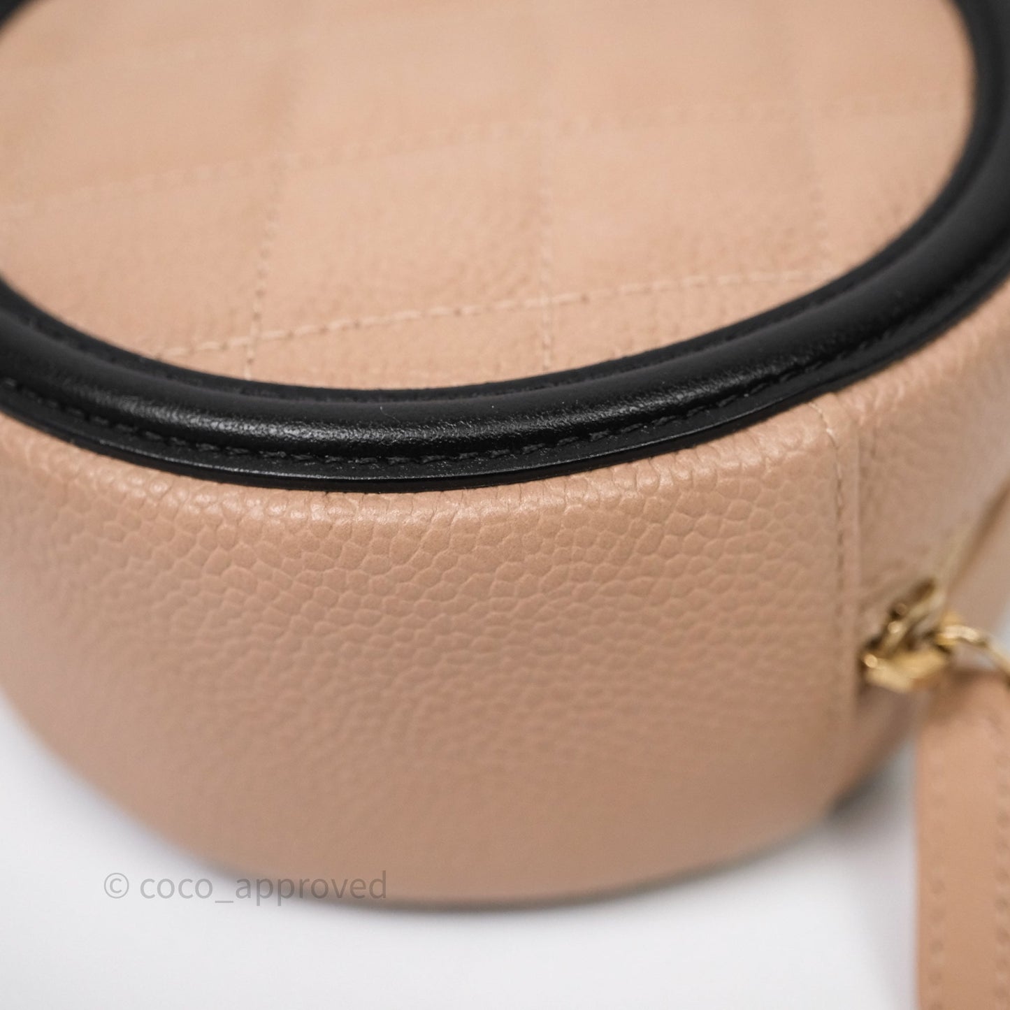 Chanel Quilted Round Filigree Clutch With Chain Beige/ Black Caviar Aged Gold Hardware