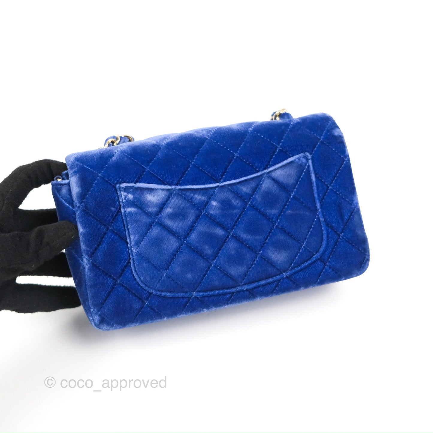 Chanel Quilted Mini Rectangular Flap Blue Velvet Gold Hardware
