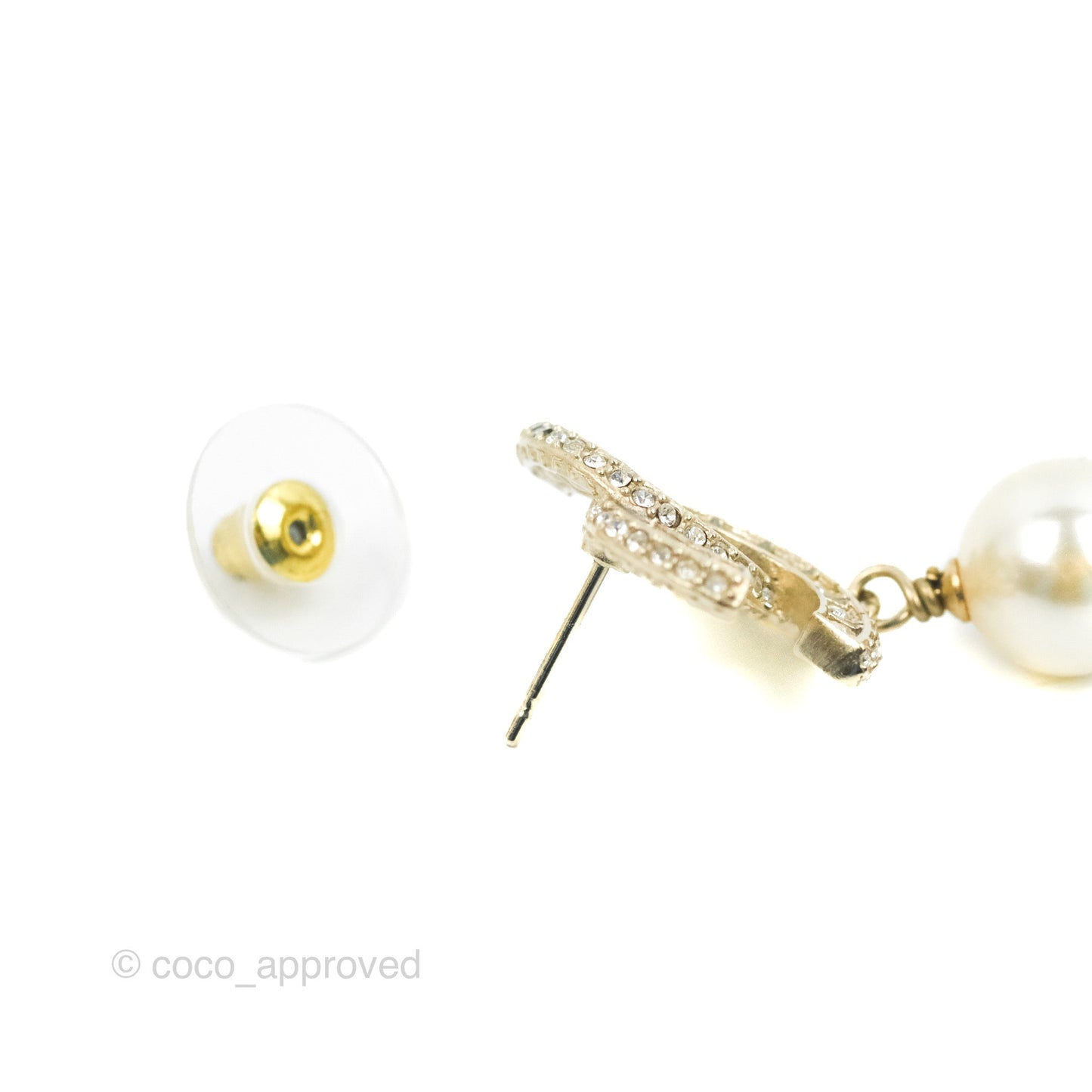 Chanel CC Rhinestone Pearl Drop Earrings Gold Tone