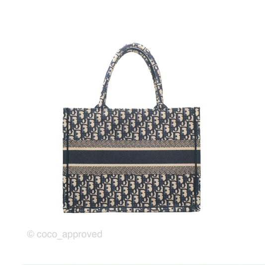 Christian Dior Medium (Old Small) Dior Navy Oblique Embroidery Canvas Book Tote