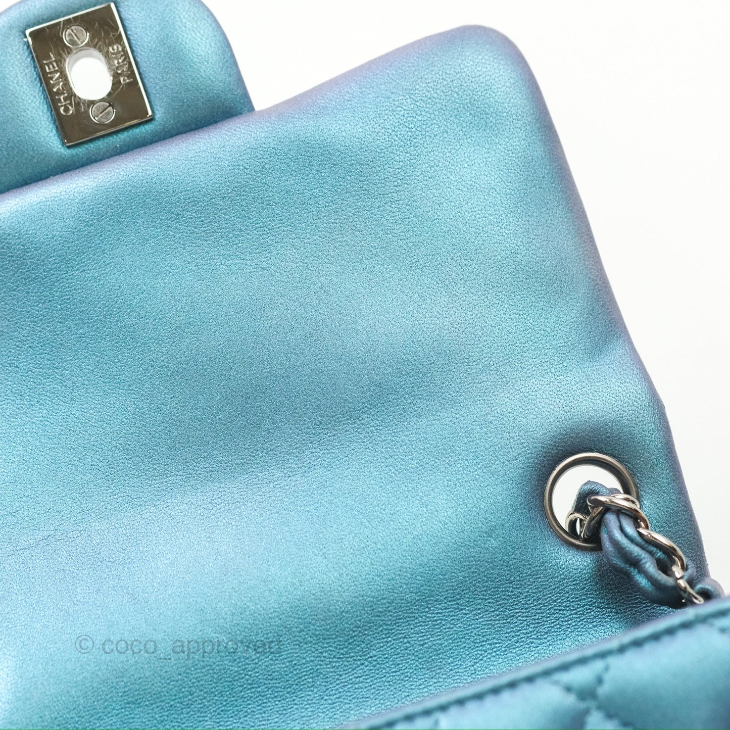 Chanel Mini Square Flap Quilted Iridescent Teal Lambskin Gun Metal