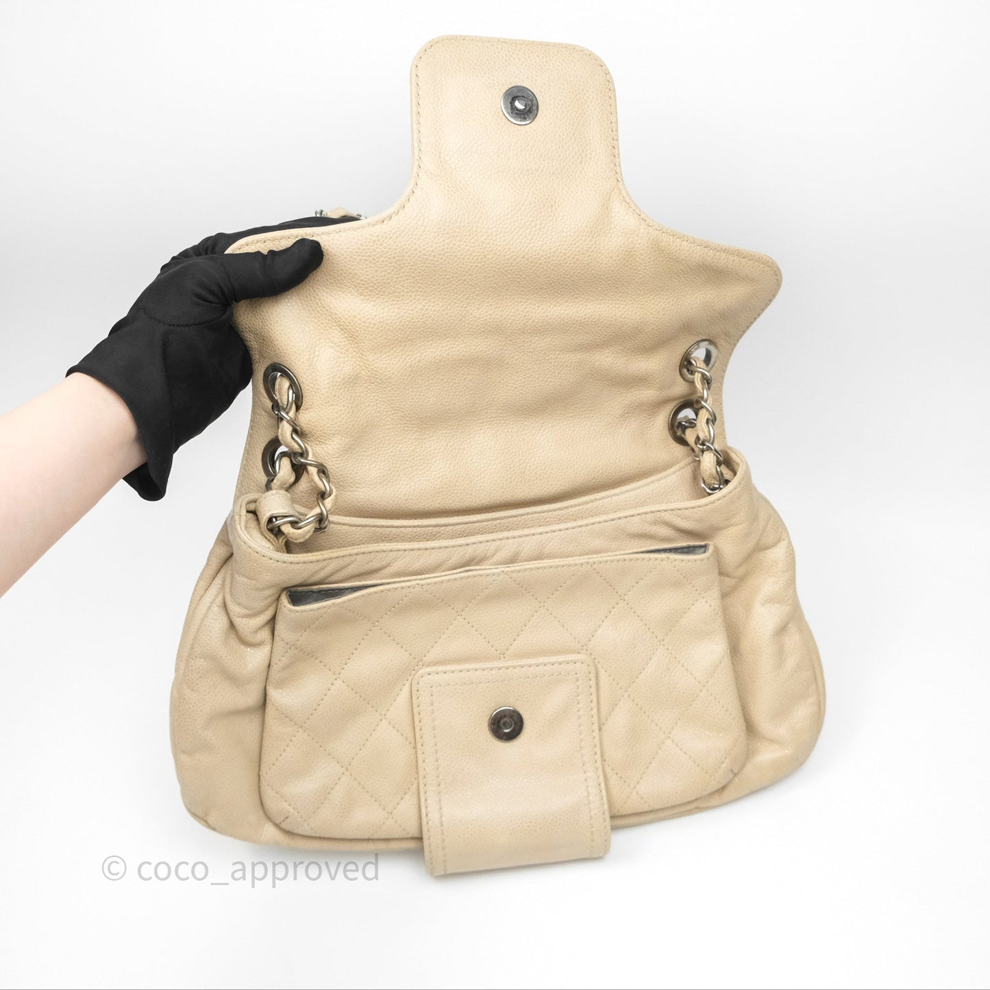 Chanel Quilted Coco Rider Hobo Bag Beige Caviar Ruthenium Hardware
