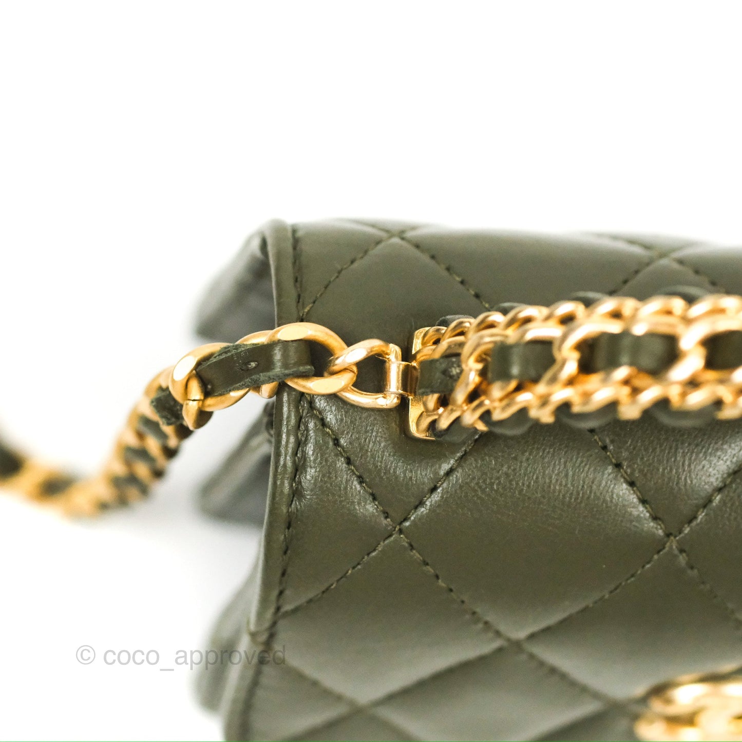 Chanel Top Handle Clutch With Chain Army Green Lambskin Aged Gold Hardware