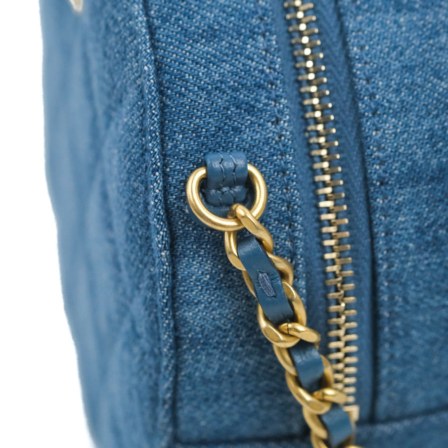 Chanel Quilted Pearl Crush Round Clutch With Chain Denim Aged Gold Hardware