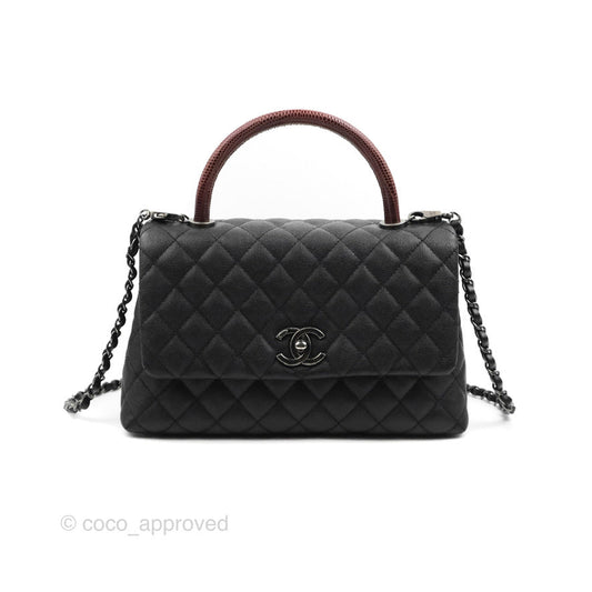 Chanel Medium Coco Handle Quilted Black Caviar Lizard Handle Ruthenium Hardware