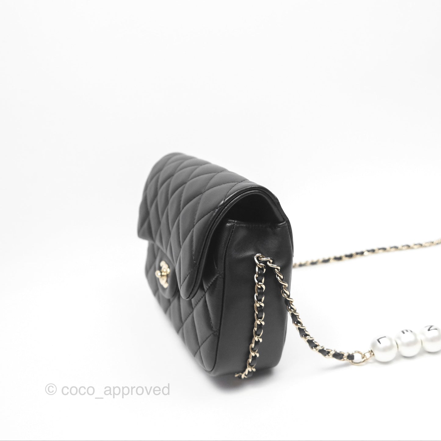 Chanel Logo Pearl Chain Flap Bag Black Lambskin Gold Hardware