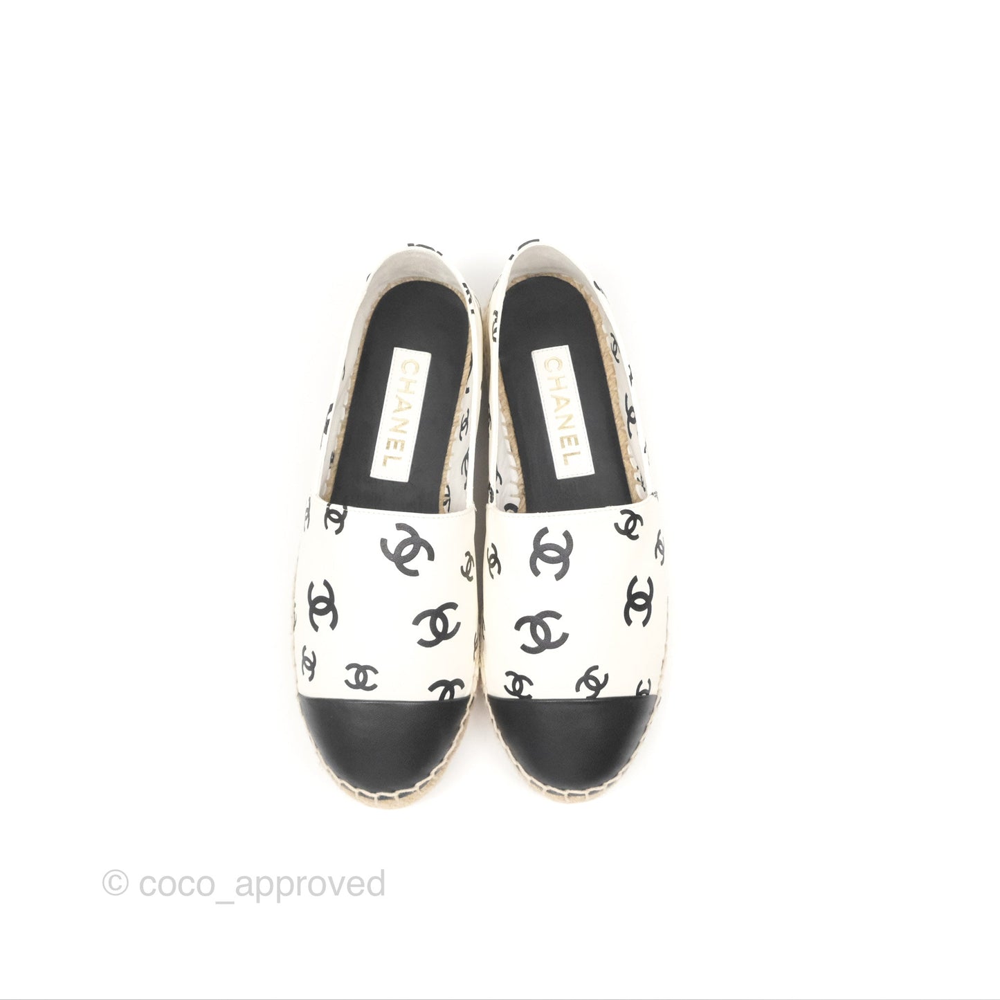Chanel Printed CC Espadrilles White/Black Lambskin Size 38