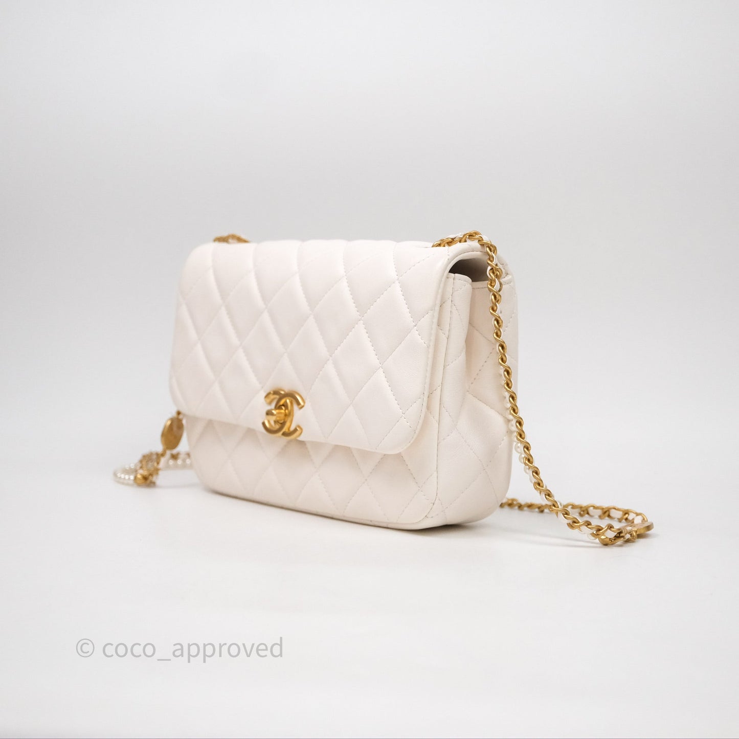 Chanel Flap Bag with Pearl Chain Ivory White Aged Gold Hardware 25P