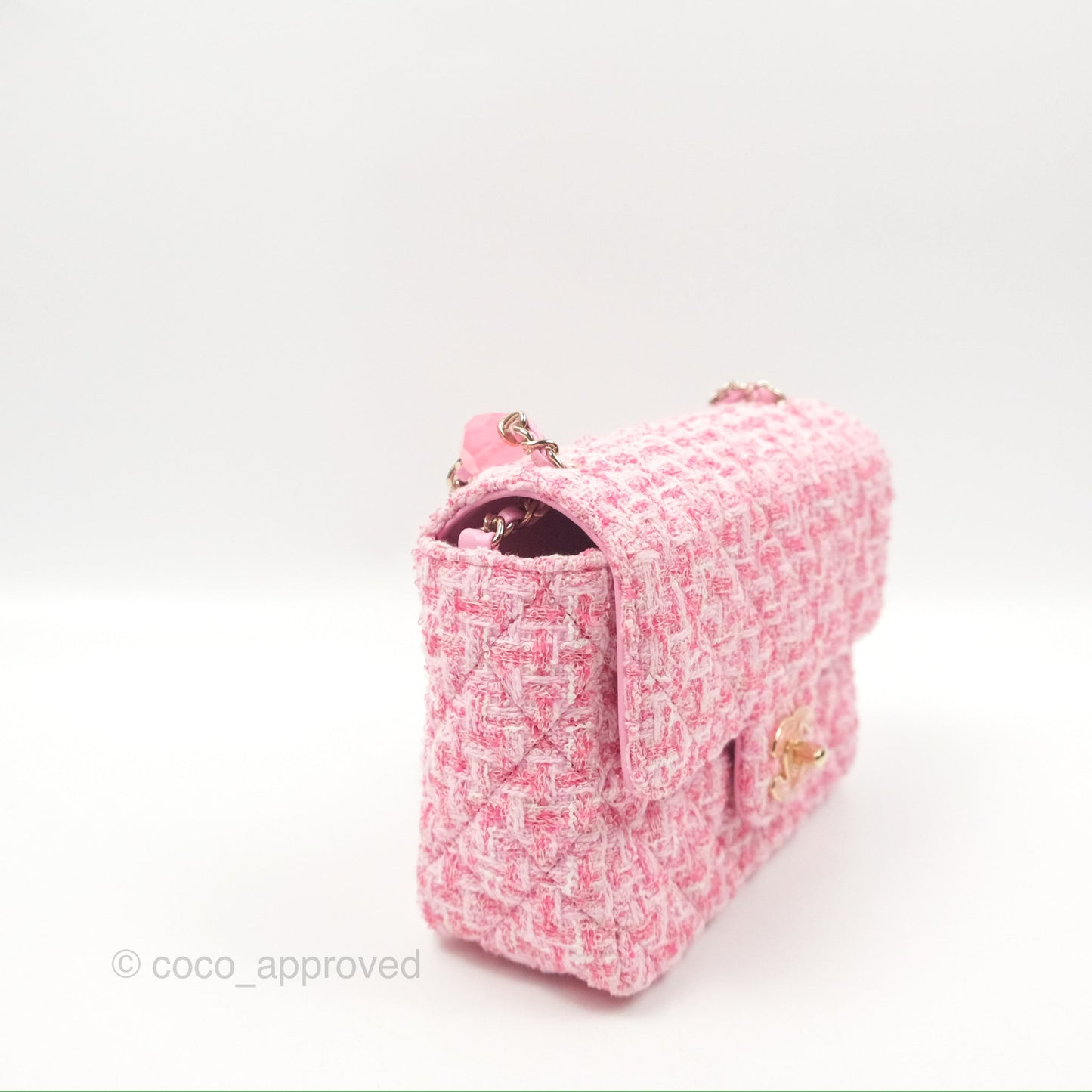 Chanel Flap Bag with Heart Resin Charm Chain Pink Tweed Gold Hardware