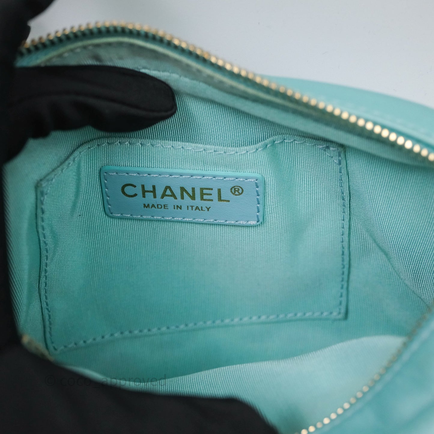 Chanel Camera Bag Quilted Pearly Turquoise Lambskin Aged Gold Hardware