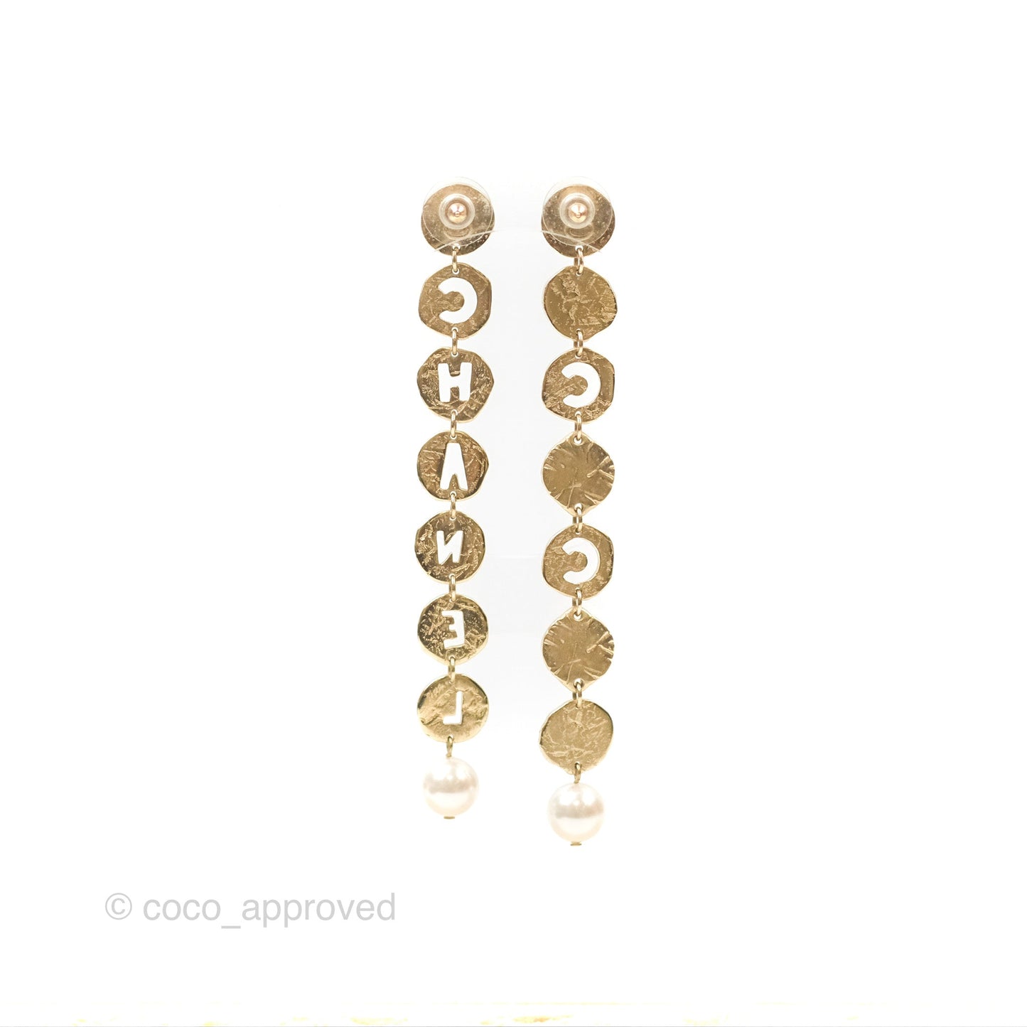 Chanel CC Coco Pearl Round Chain Long Earrings Gold Tone 19A