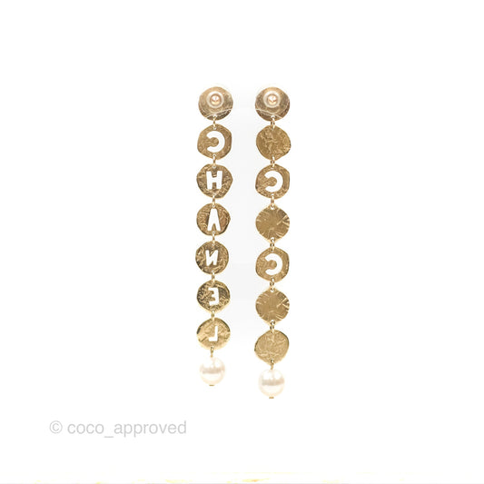 Chanel CC Coco Pearl Round Chain Long Earrings Gold Tone 19A