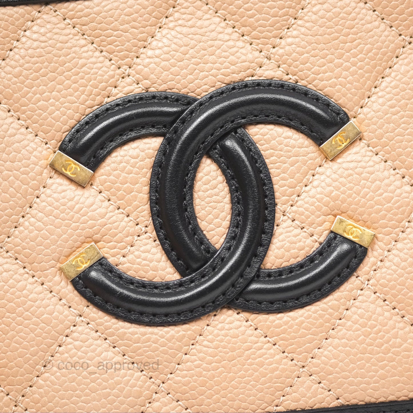 Chanel Quilted Small CC Filigree Vanity Case Beige Black Caviar Gold Hardware
