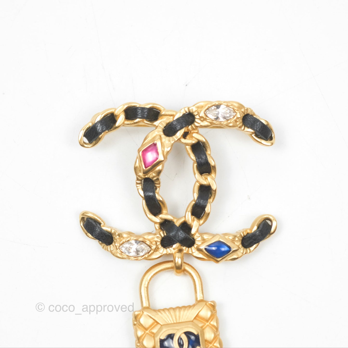 Chanel Crystal CC Braided Black Leather Multicolor Brooch Gold Tone 20C