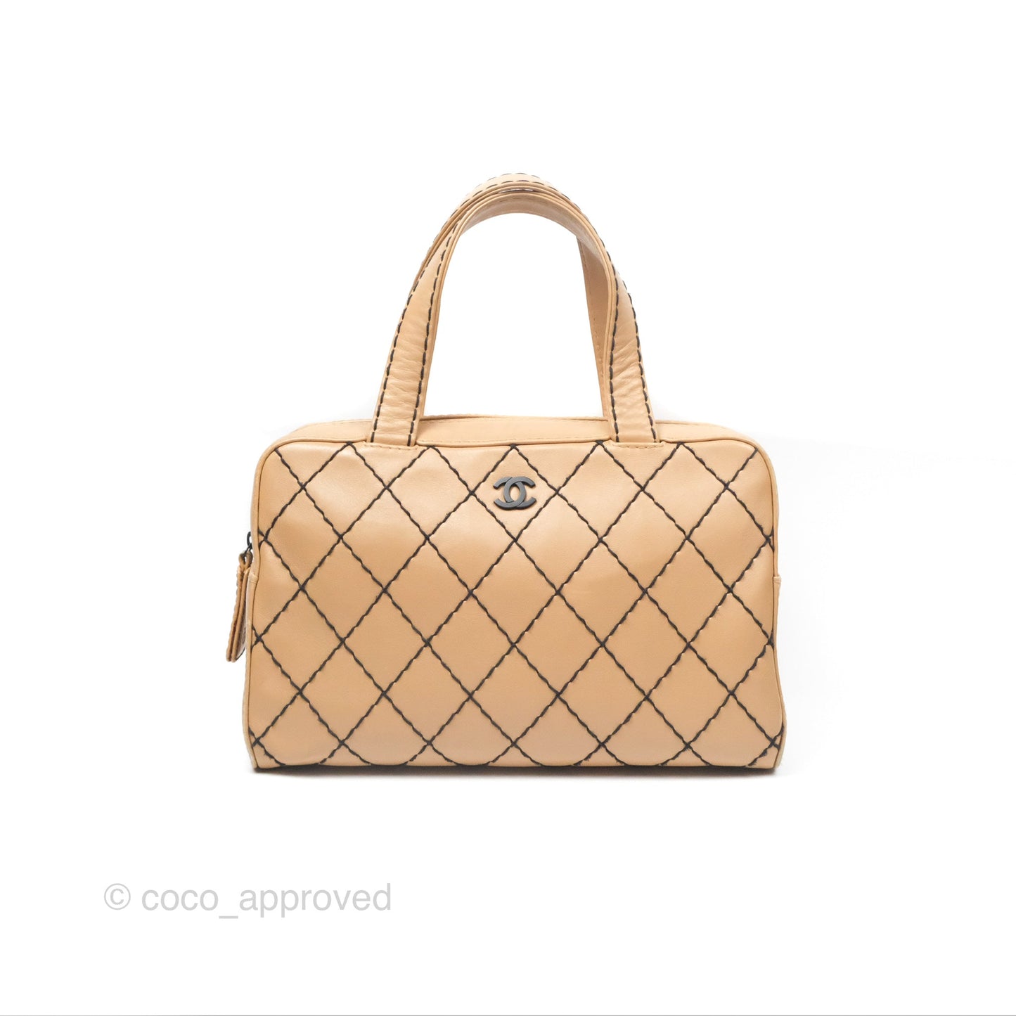 Chanel Contrast Stitch Surpique Bowler Bag Beige Calfskin Matte Black Hardware