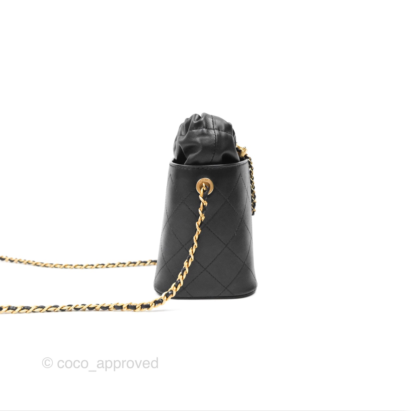 Chanel Drawstring Bucket Bag Quilted Black Caviar Aged Gold Hardware