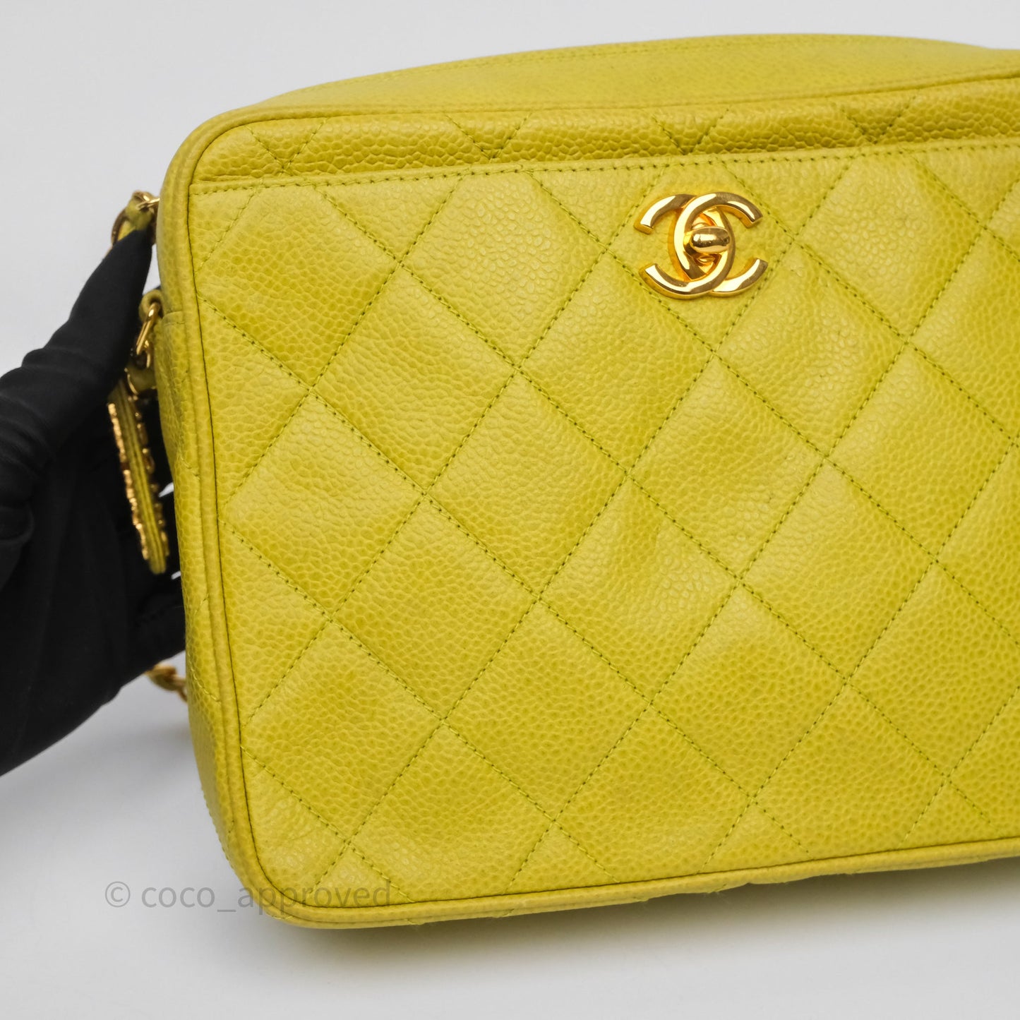 Chanel Vintage Quilted Camera Bag Green Yellow Caviar Gold Hardware