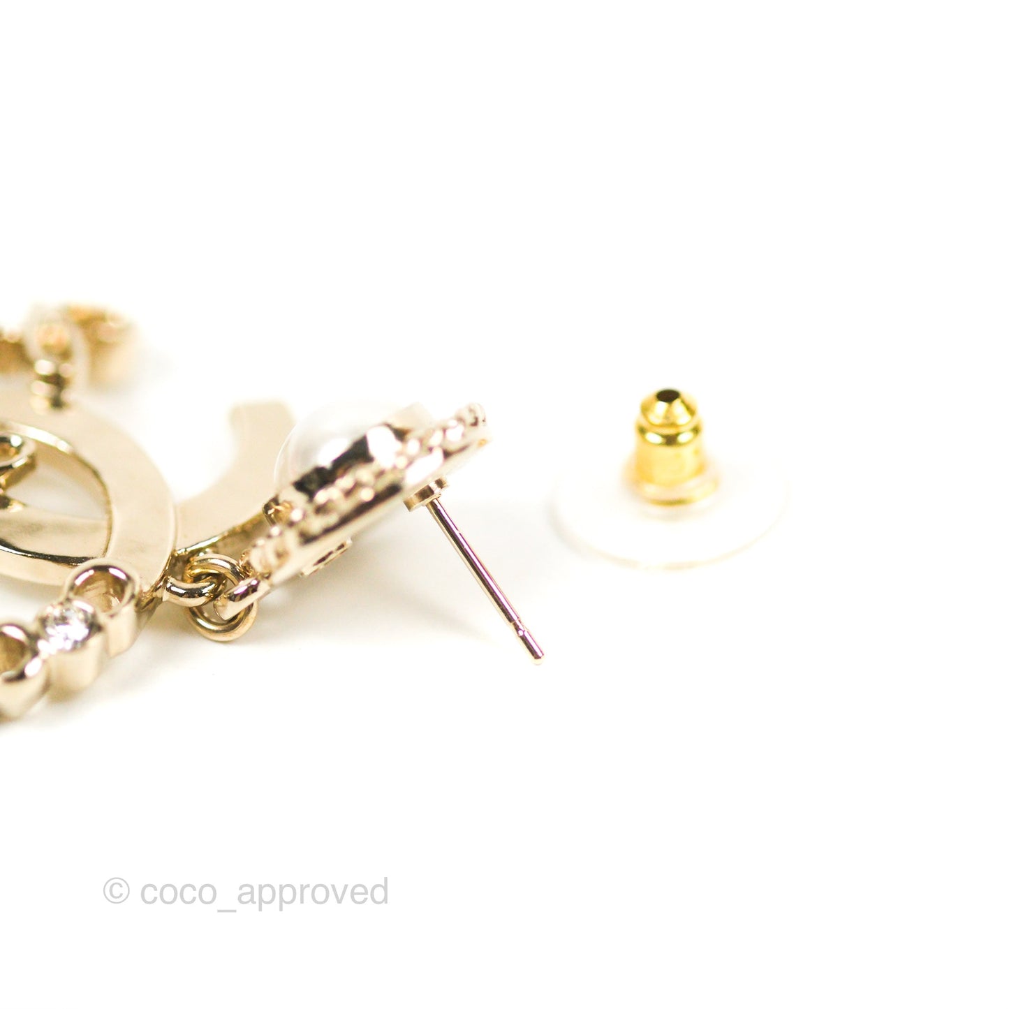 Chanel CC Coco Pearl Drop Earrings Gold Tone 22P