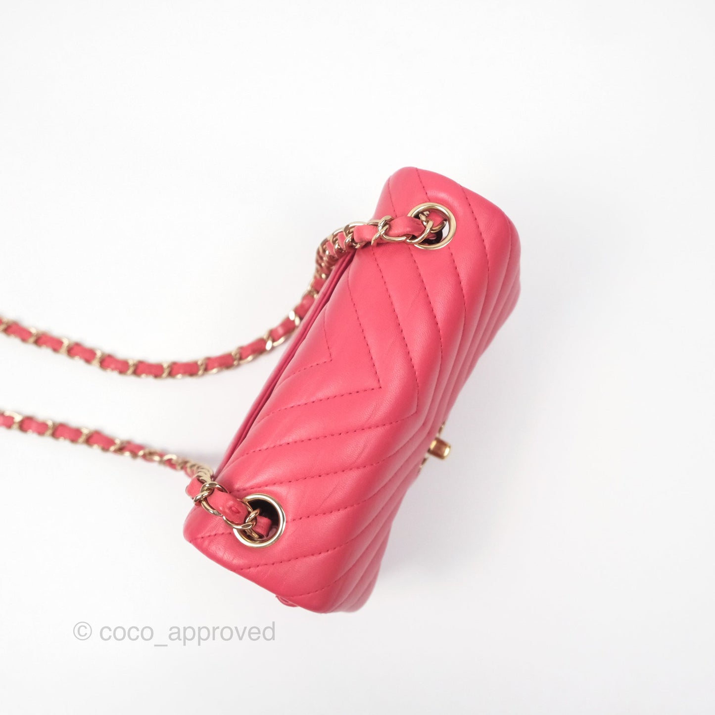 Chanel Mini Square Flap Chevron Dark Pink Lambskin Gold Hardware
