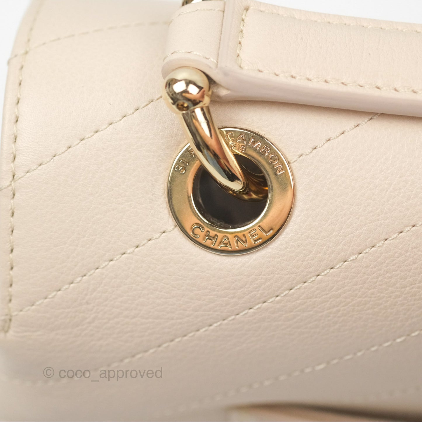 Chanel Large Chevron Chic Top Handle Bag Light Beige Grained Calfskin Gold Hardware