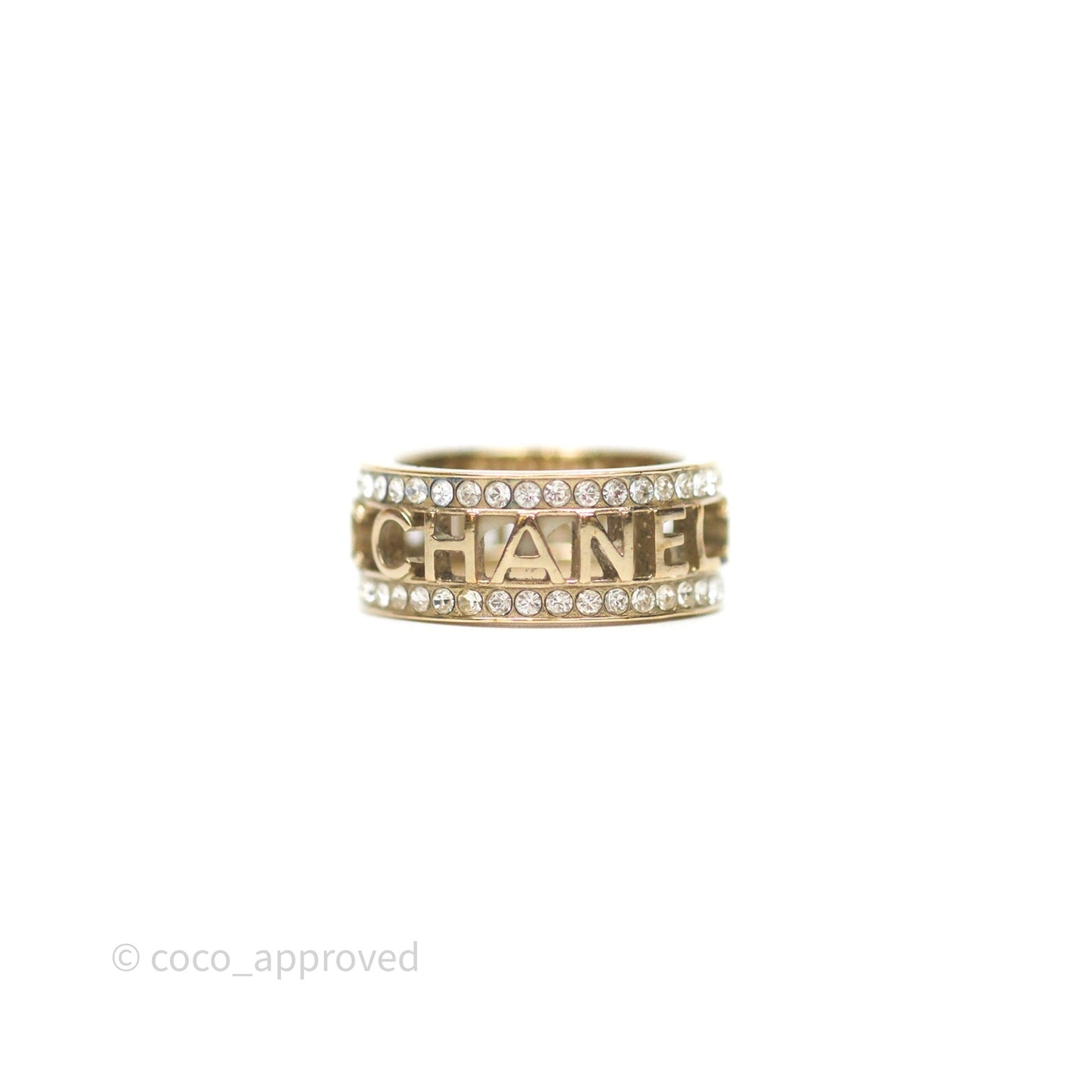 Chanel Crystal Logo Ring Gold Tone 20B