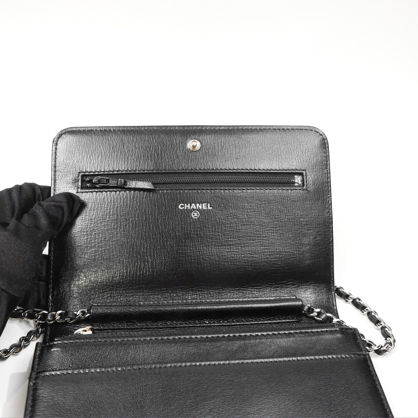 Chanel Diamond CC Wallet On Chain WOC Black Goatskin Silver Hardware