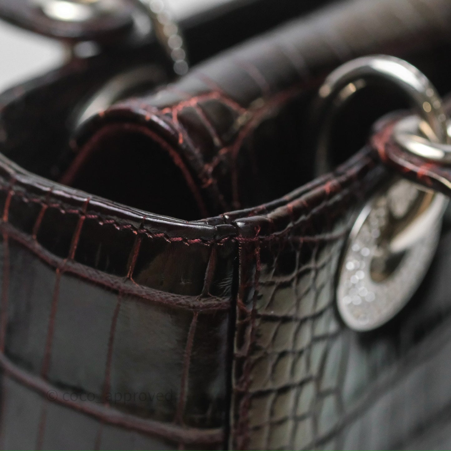 Christian Dior Small Lady Dior Shiny Crocodile Burgundy Diamond Hardware