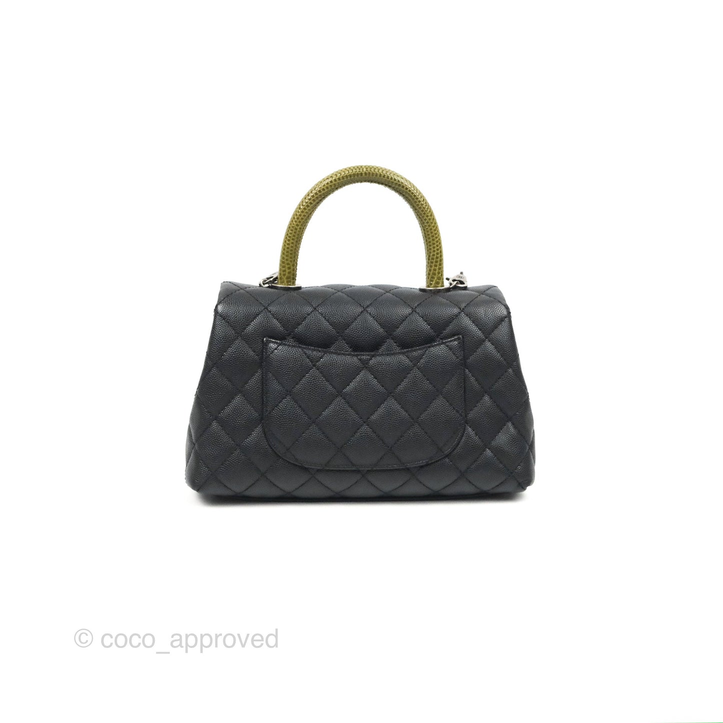 Chanel Small Coco Handle Quilted Black Caviar Ruthenium Hardware Olive Lizard Handle