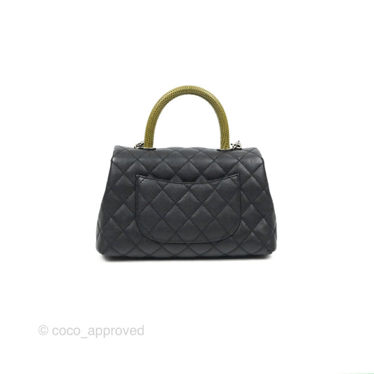 Chanel Small Coco Handle Quilted Black Caviar Ruthenium Hardware Olive Lizard Handle