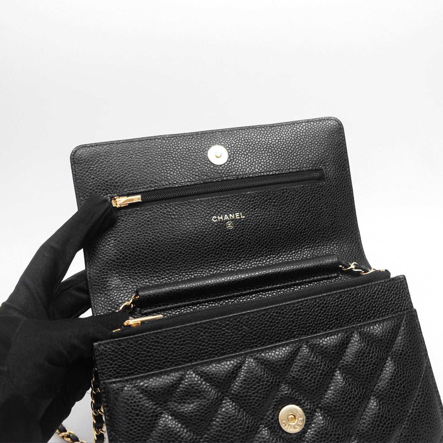 Chanel Classic Quilted Wallet On Chain WOC Black Caviar Gold Hardware