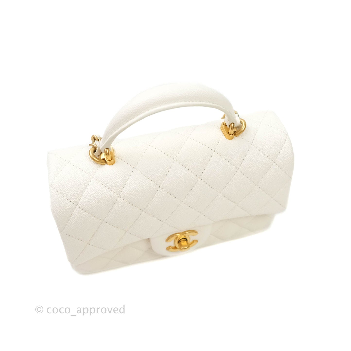 Chanel Top Handle Mini Rectangular Flap Bag White Caviar Aged Gold Hardware