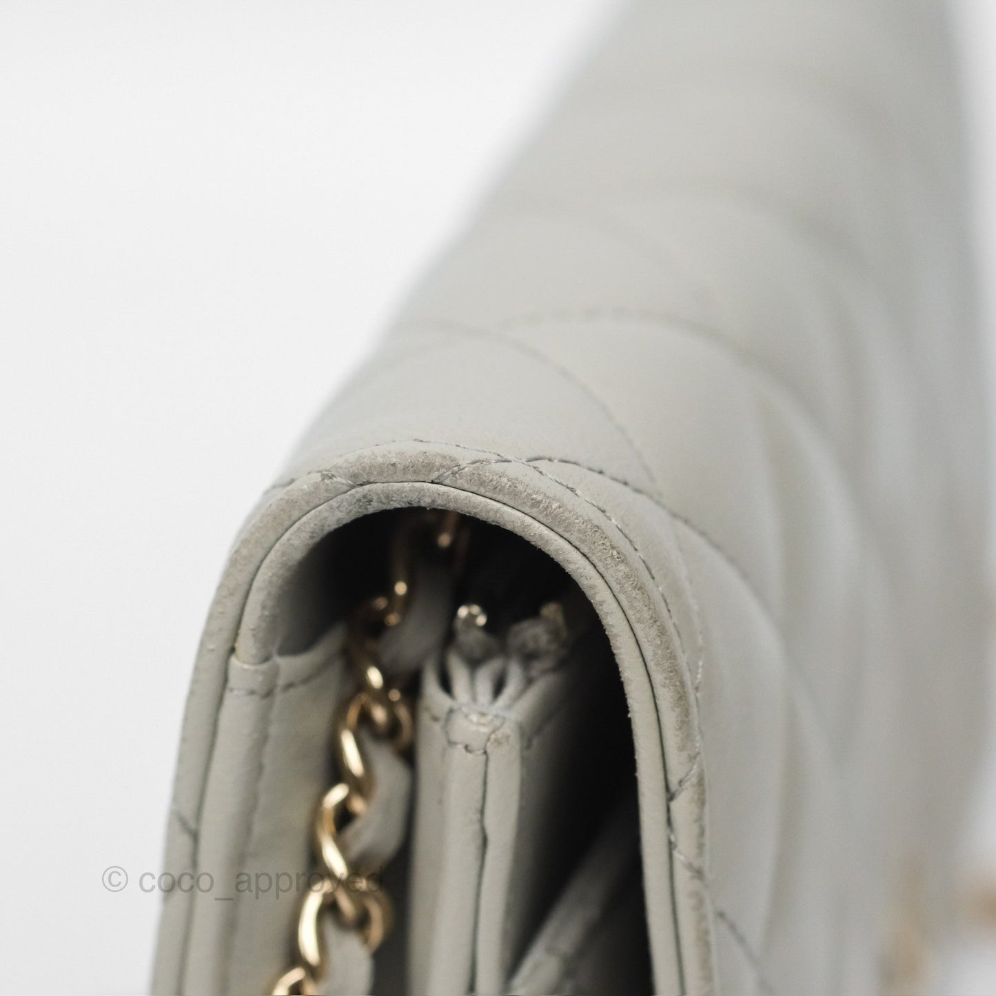 Chanel Classic Quilted Wallet on Chain WOC Light Grey Lambskin Gold Hardware