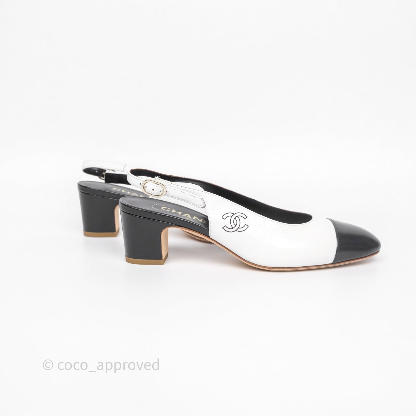 Chanel CC Logo Slingbacks Calfskin White/ Black 24P Size 36.5
