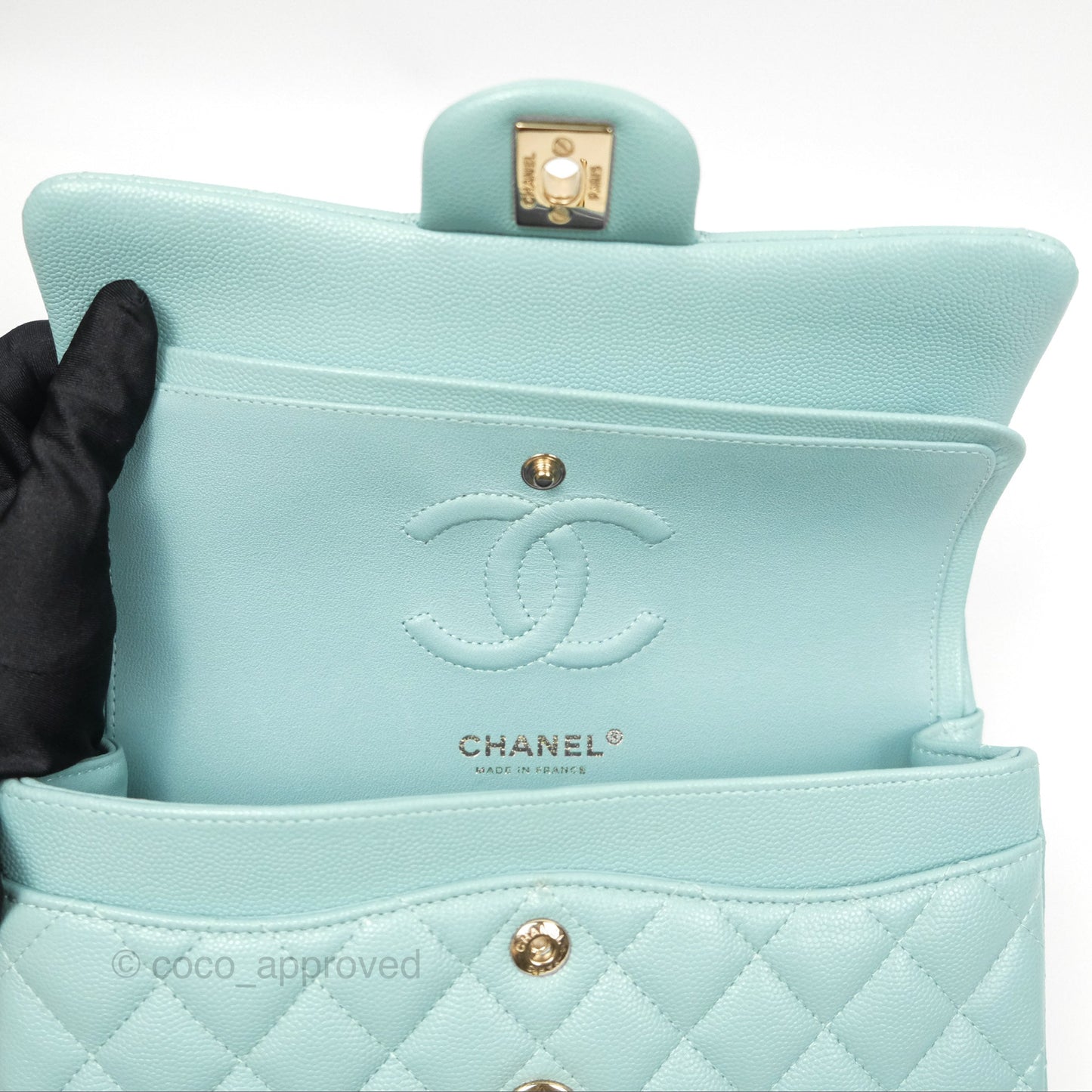 Chanel Small Classic Quilted Flap Tiffany Green Caviar Gold Hardware