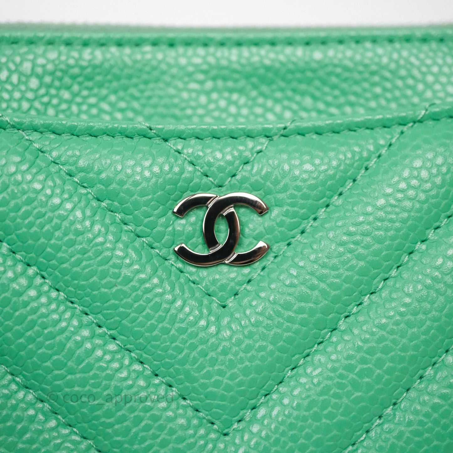 Chanel Long Zip Chevron Green Wallet Silver Hardware