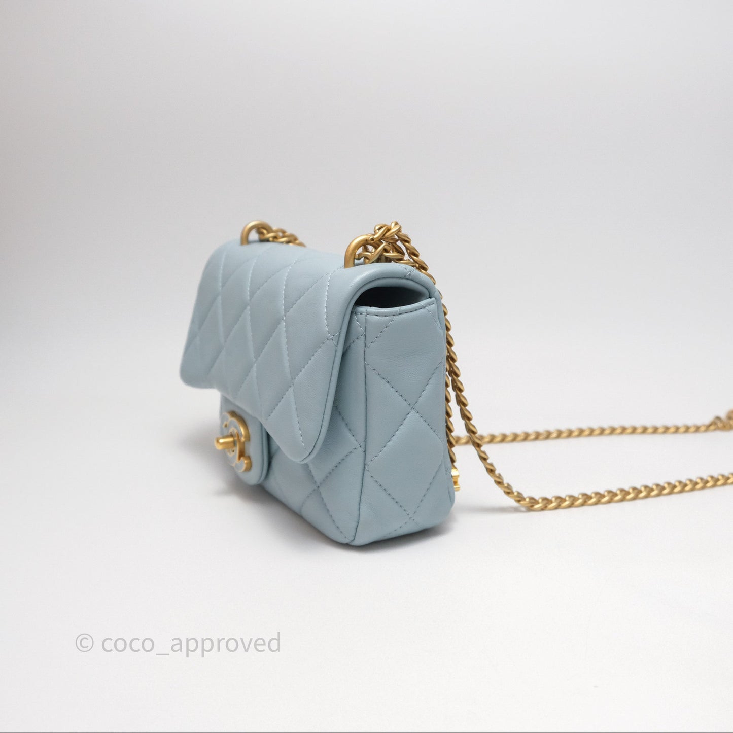 Chanel Quilted Enamel Pending CC Mini Square Flap Baby Blue Lambskin 22P