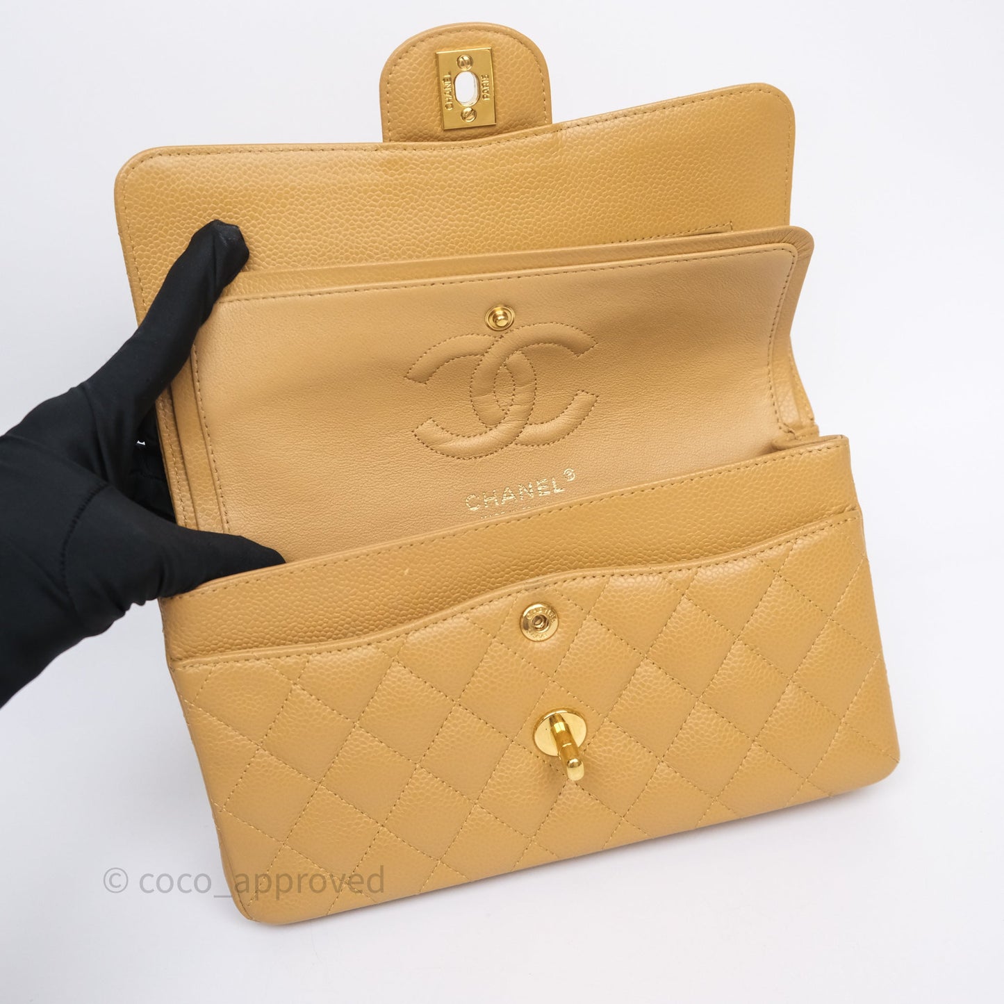 Chanel Classic M/L Medium Flap Quilted Dark Beige Caviar Gold Hardware