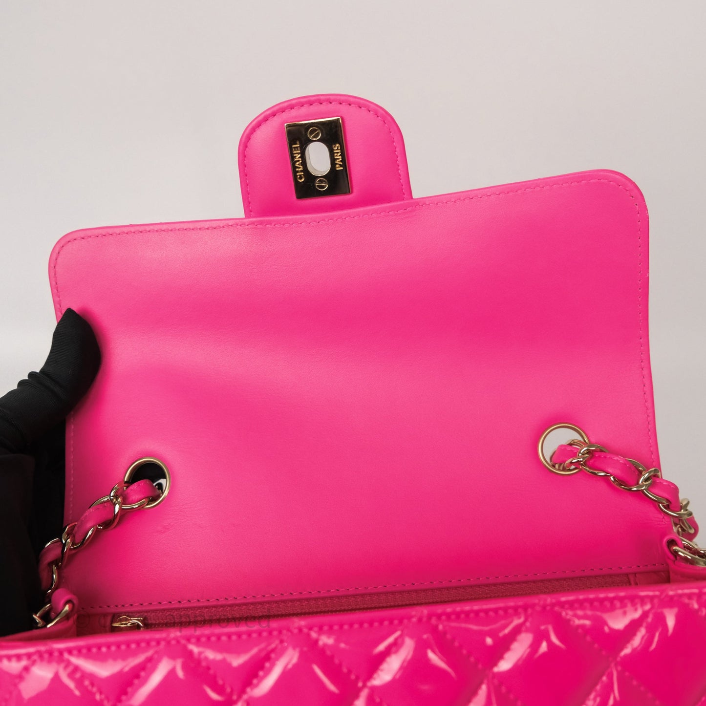 Chanel Quilted Mini Rectangular Flap Neo Pink Patent Gold Hardware