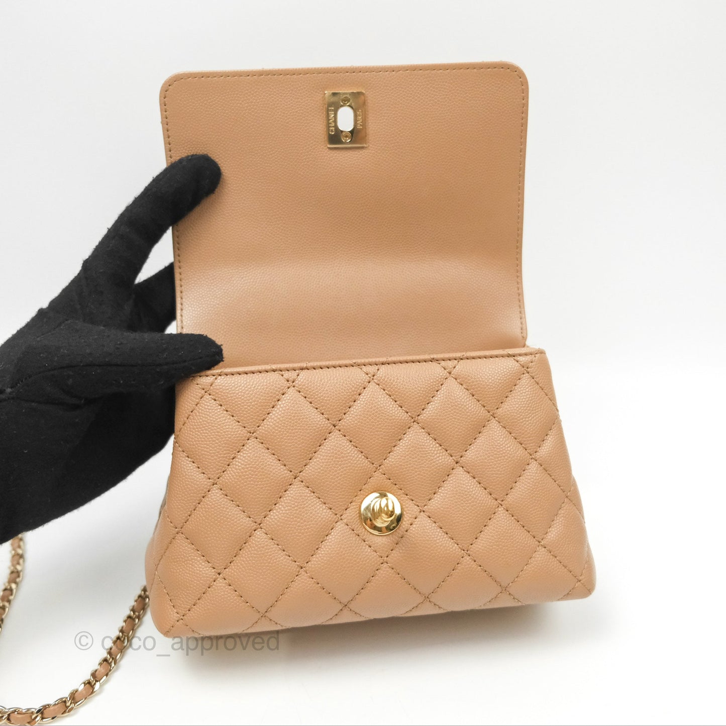 Chanel Mini Coco Handle Quilted Beige Caviar Gold Hardware
