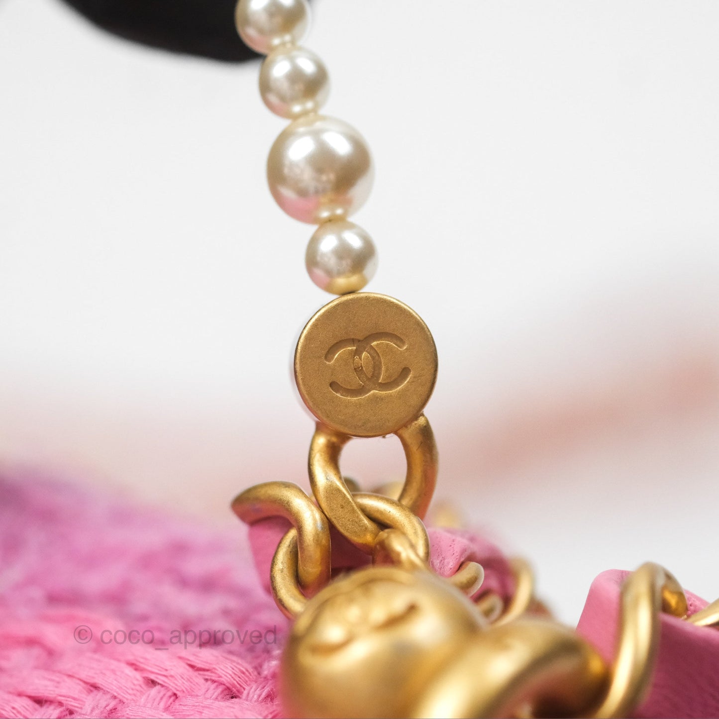 Chanel Mini Flap Bag with Pearl Chain Pink Tweed Aged Gold Hardware