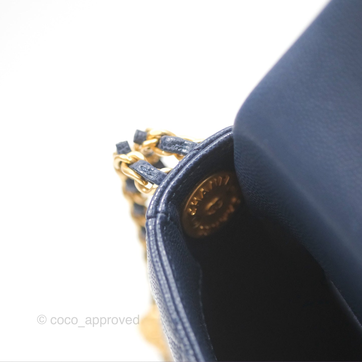 Chanel Mini Flap with Coin Charm Navy Caviar Aged Gold Hardware 22A