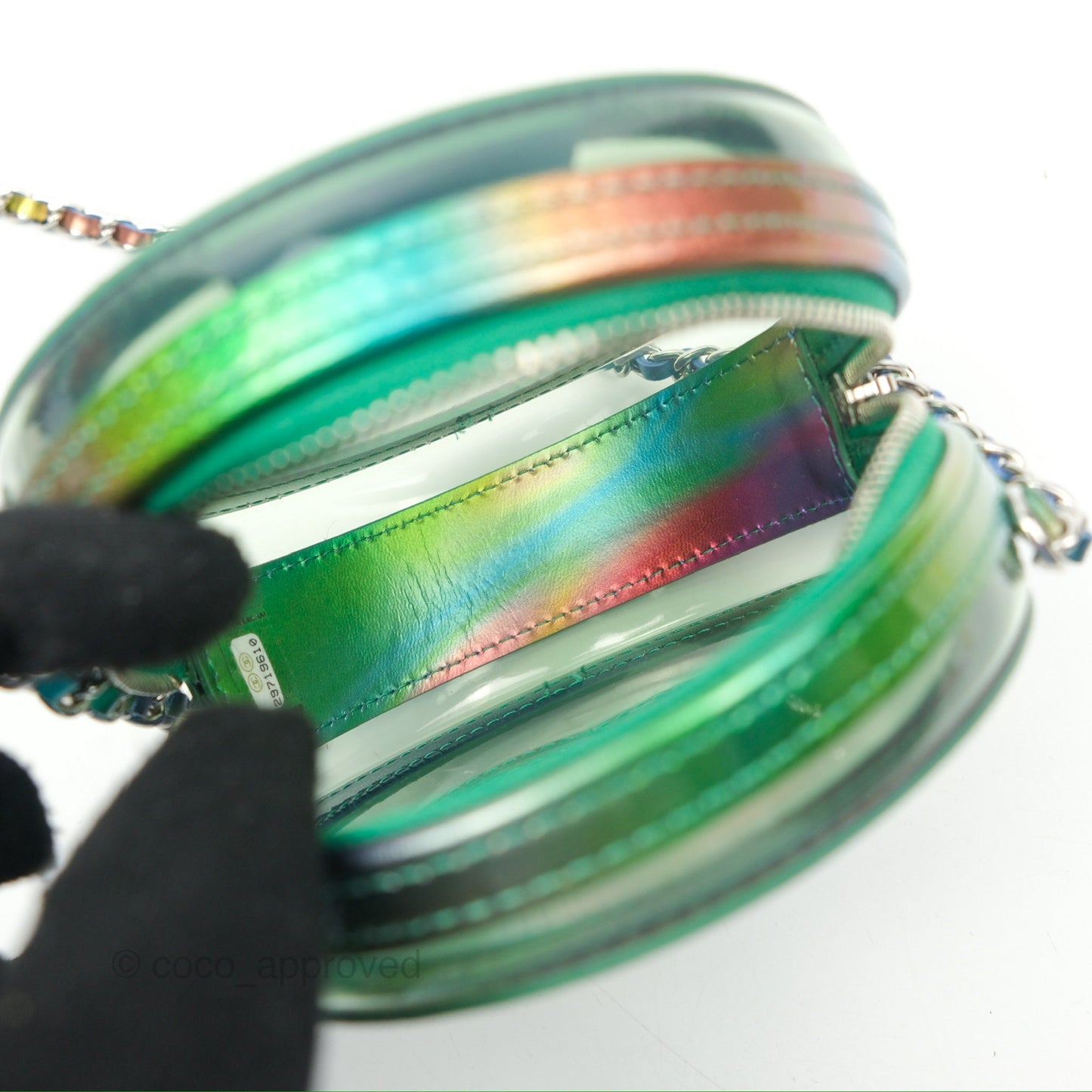 Chanel Filigree Rainbow Green PVC Round Clutch With Chain Silver Hardware 20C