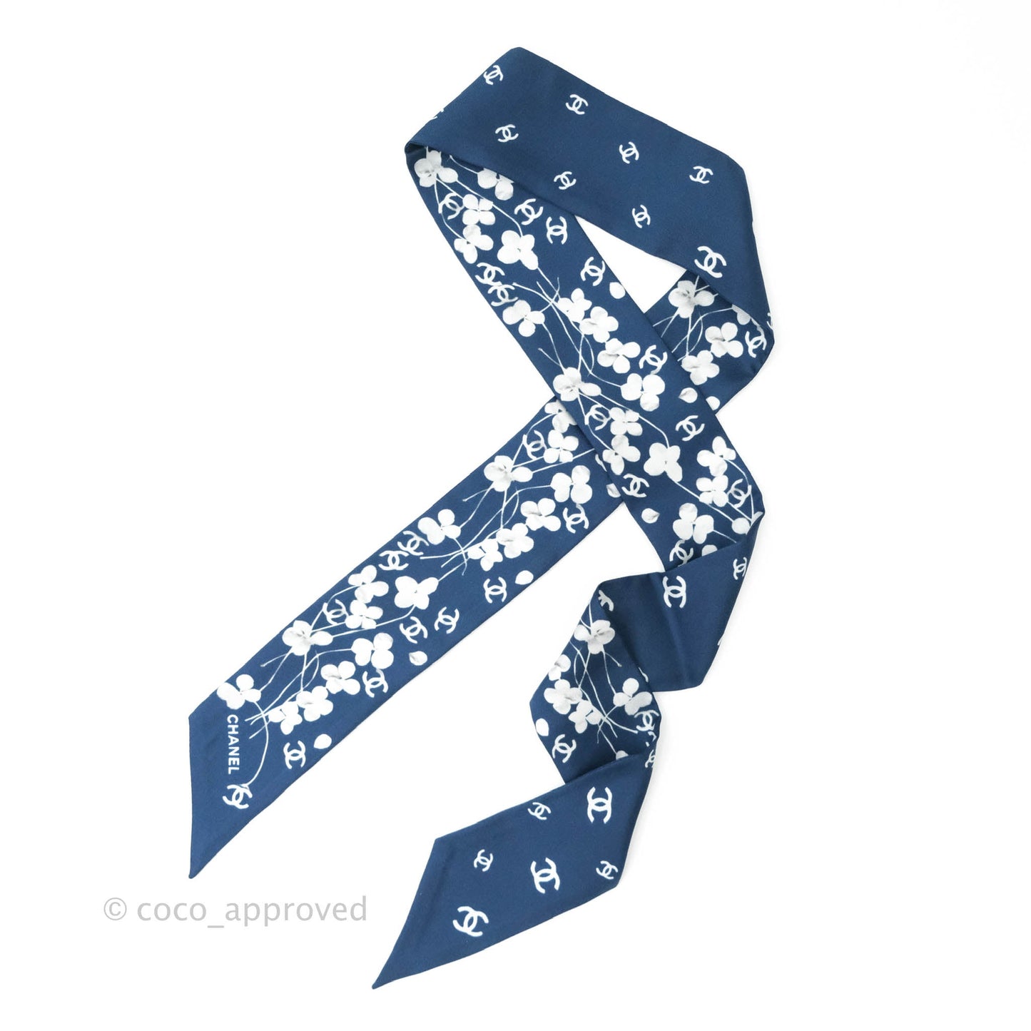 Chanel CC Flora Print Silk Twilly in Navy White