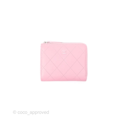 Chanel Classic Zipped Coin Purse Pink CC Silver Hardware
