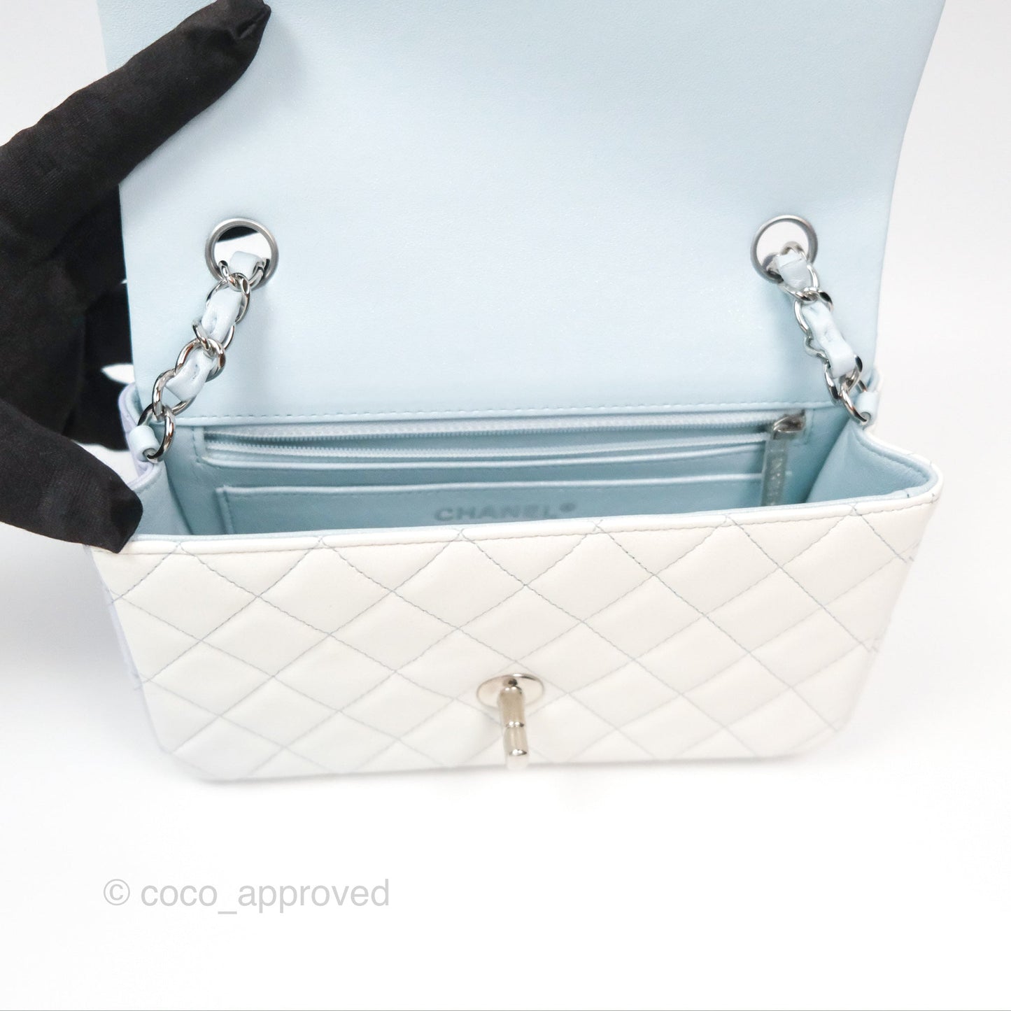 Chanel Quilted Mini Rectangular Flap Ombre Light Blue/Light Purple/White Iridescent Silver Hardware 21K