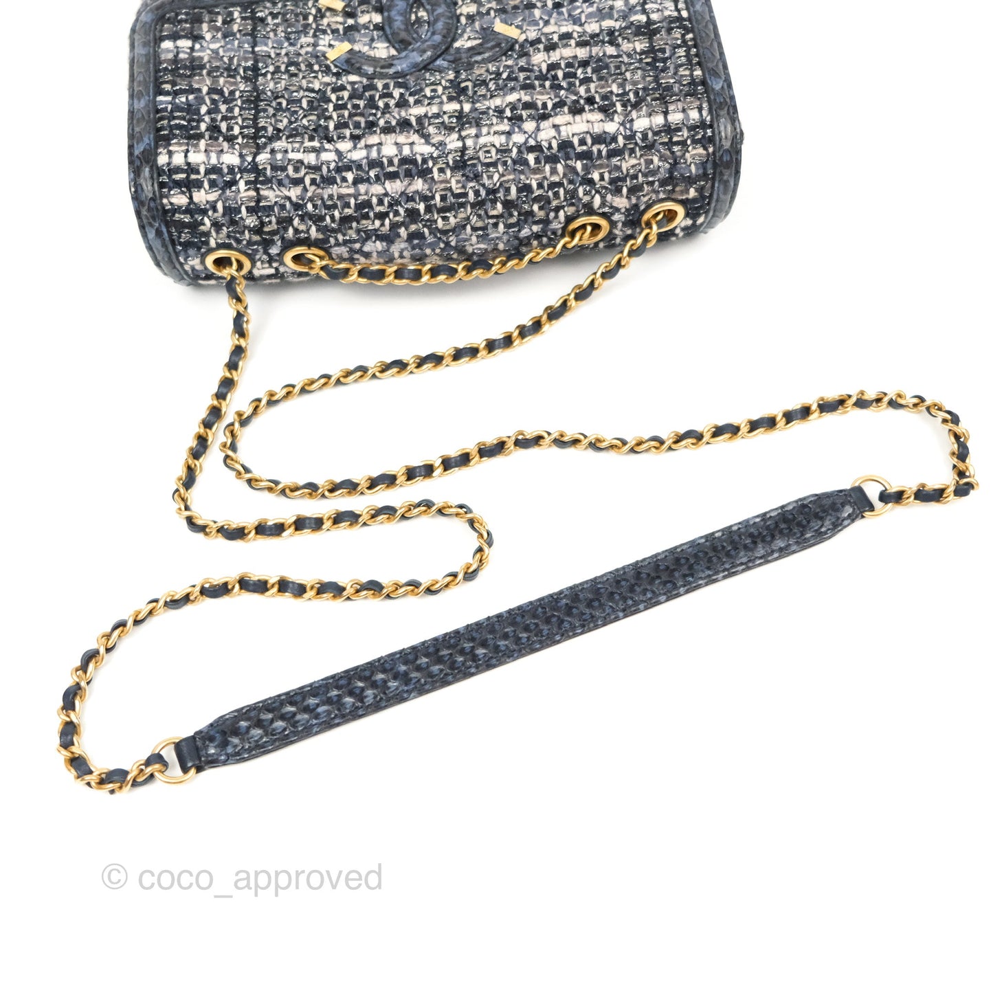Chanel Quilted Small CC Filigree Flap Navy Tweed Python 18S