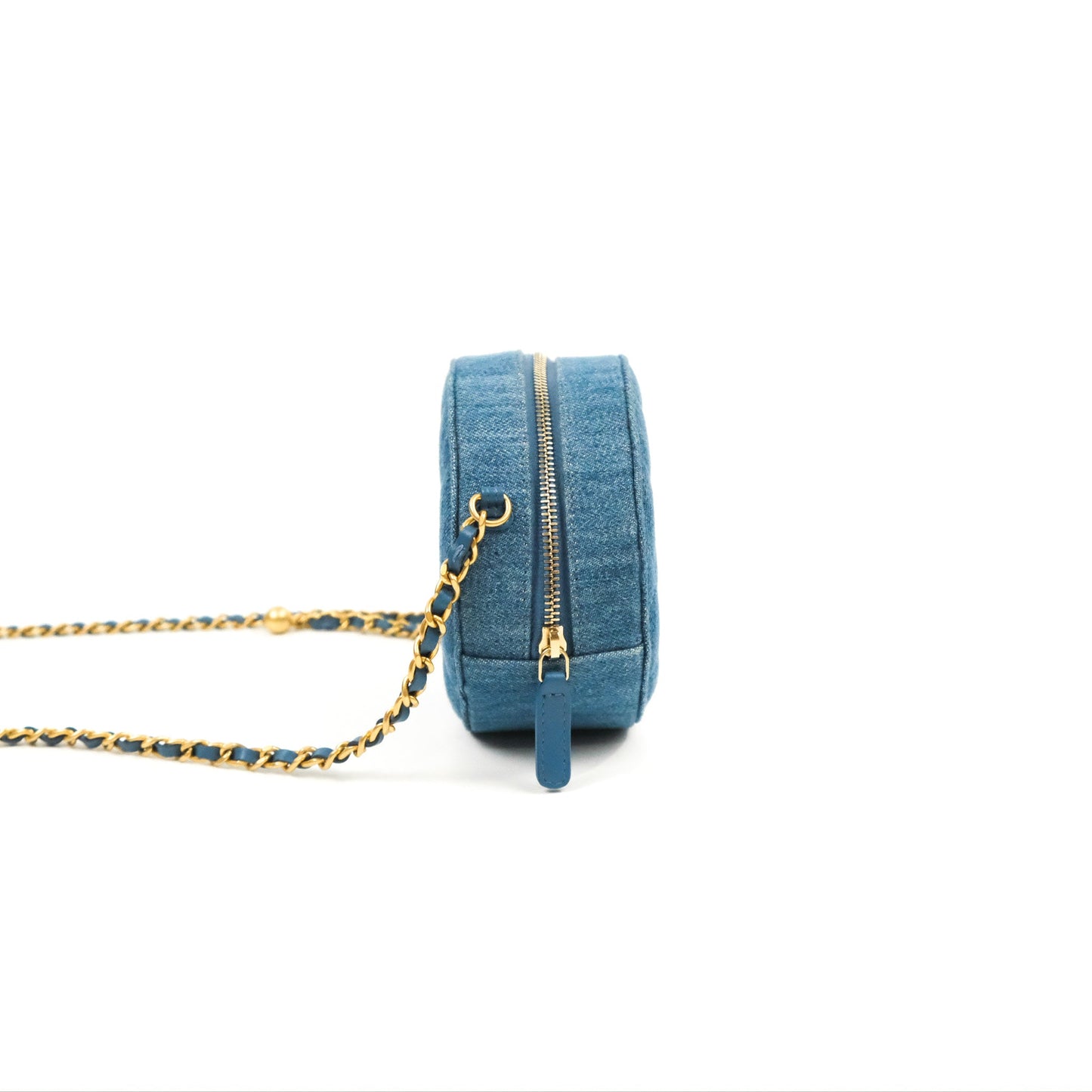 Chanel Quilted Pearl Crush Round Clutch With Chain Denim Aged Gold Hardware