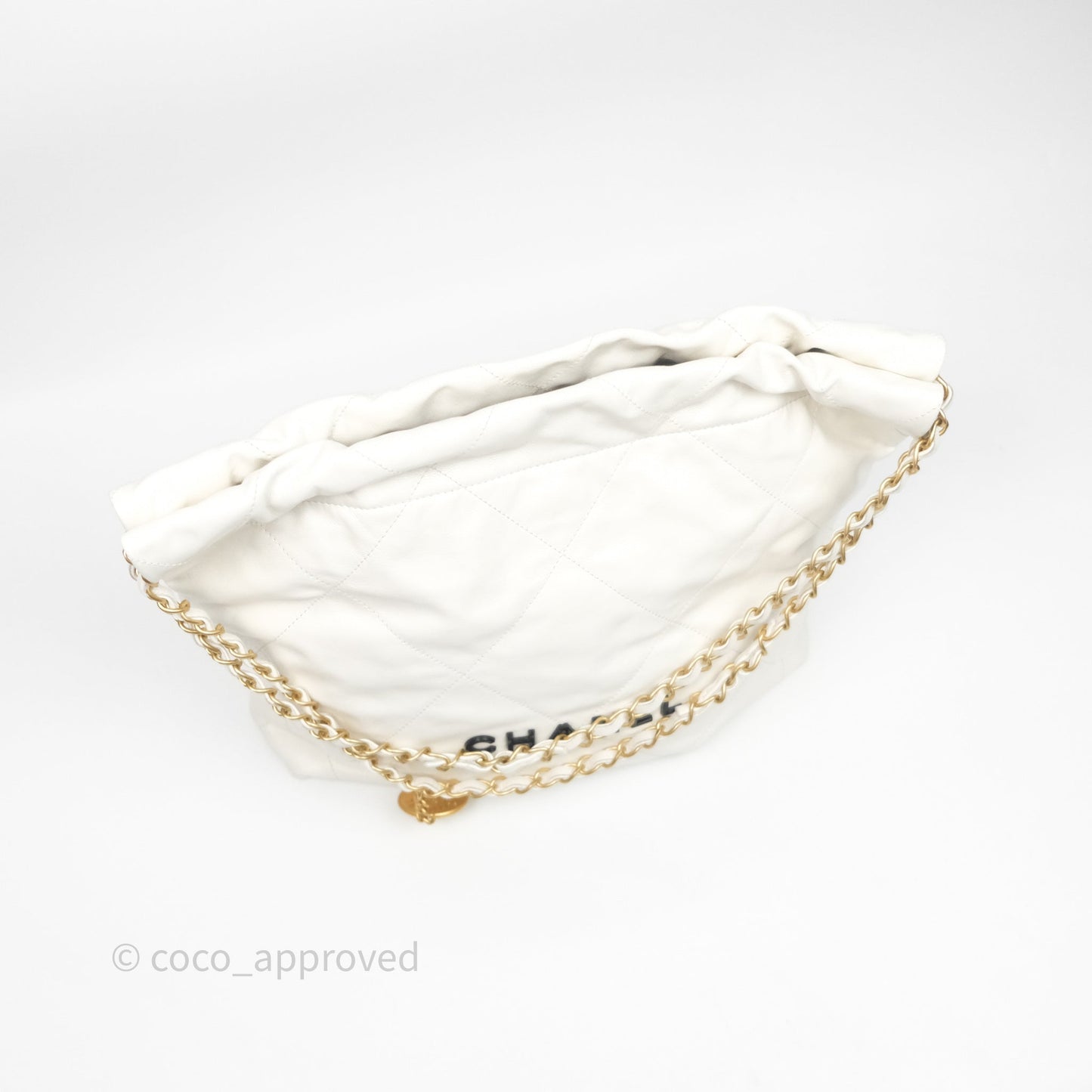 Chanel 22 Small White Aged Calfskin Black Logo Aged Gold Hardware